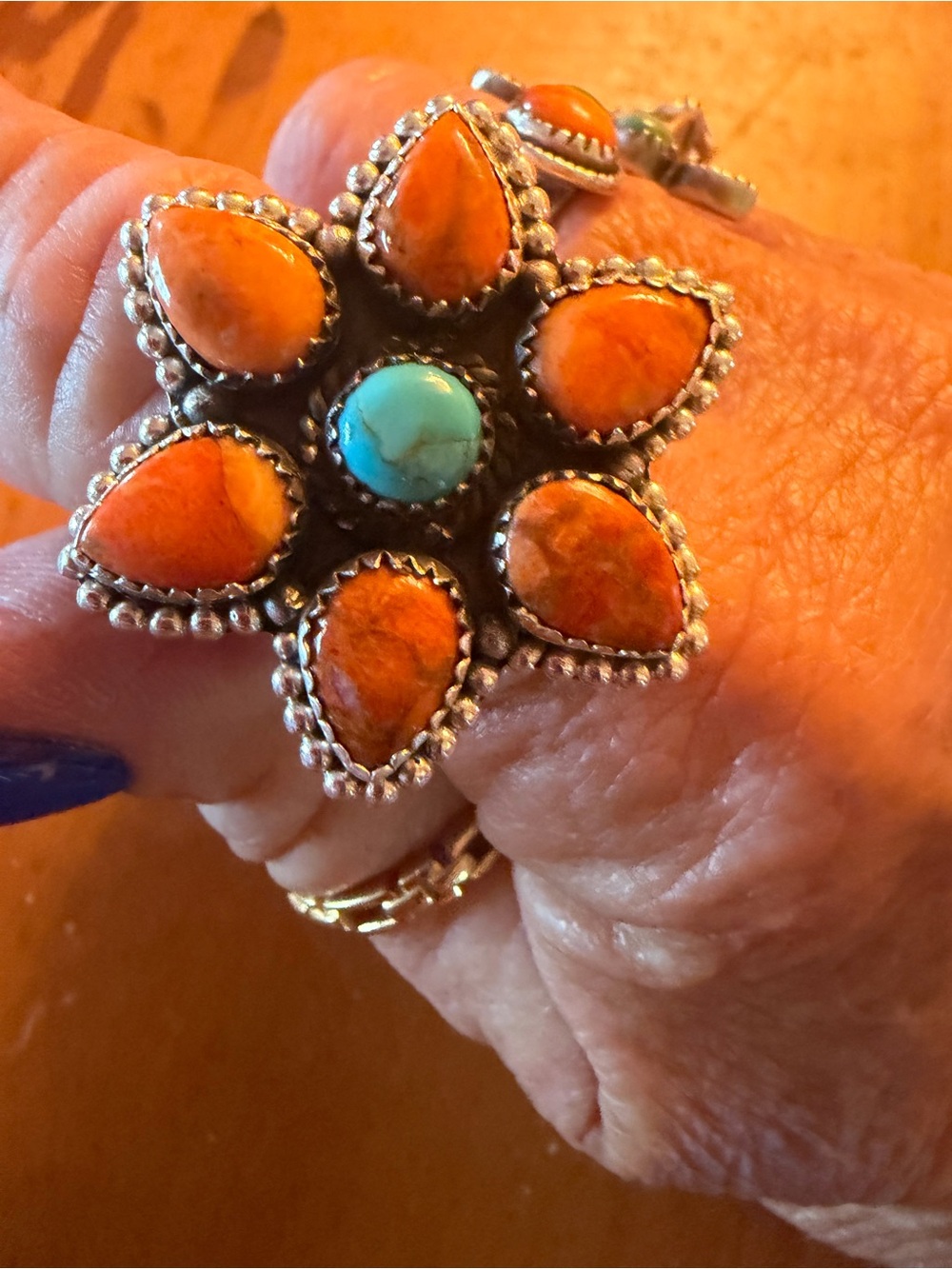 Sterling Silver Orange spiny turquoise Ring Sz 10